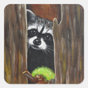 Waschbär in einem Baum Gemälde Quadratischer Aufkleber