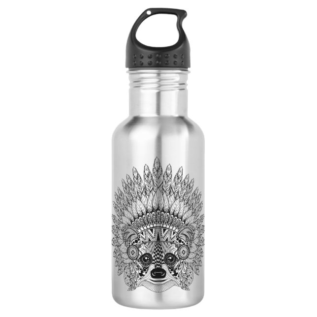 Waschbär in mit Federn versehenem Edelstahlflasche (Vorderseite)