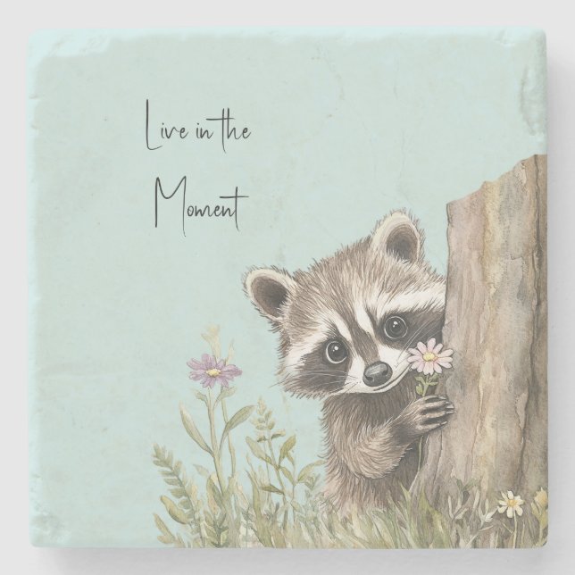 Waschbär mit Blume Steinuntersetzer (Vorderseite)