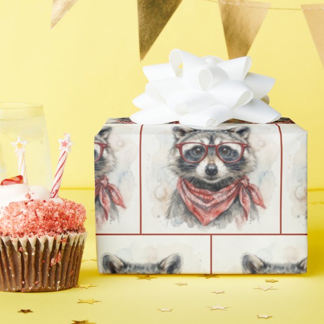 Waschbär mit roter Brille Geschenkpapier (Geburtstagsparty)
