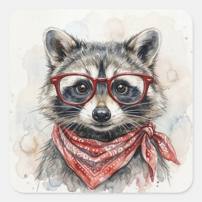 Waschbär mit roter Brille Quadratischer Aufkleber (Vorderseite)