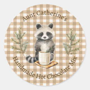 Waschbär mit Tasse Brauner Gingham Heiße Schokolad Runder Aufkleber