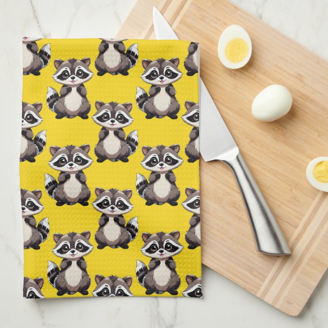 Waschbär-Muster-Design Gelb Geschirrtuch (Viertel Falte)