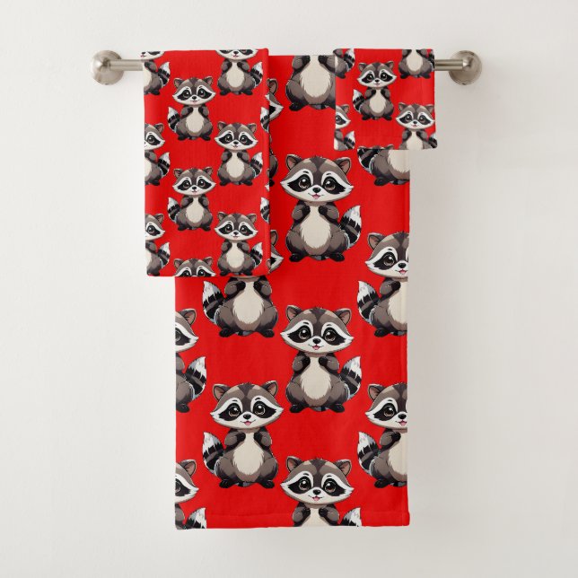 Waschbär-Muster-Design Rot Badhandtuch Set (Insitu)