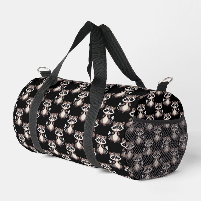 Waschbär-Muster-Design Schwarz Duffle Bag (Rechte Ecke)