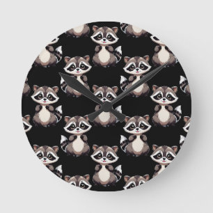 Waschbär-Muster-Design Schwarz Runde Wanduhr