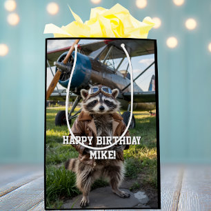 Waschbär-Pilot-Flugzeug Lustiges Foto Geburtstag B Mittlere Geschenktüte