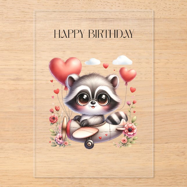 Waschbär-Pilot Geburtstag Acryleinladungen (Vorderseite)