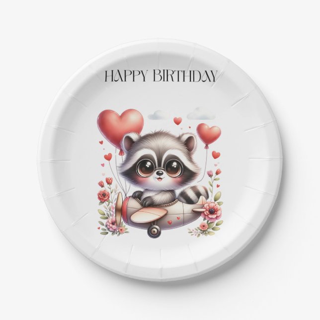Waschbär-Pilot-Geburtstag Pappteller (Vorderseite)