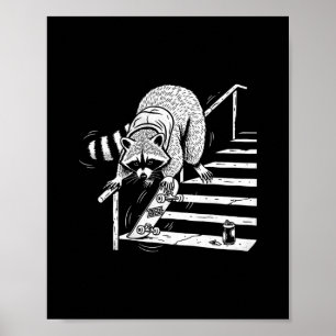 Waschbär Skateboardfahren auf Treppengeländer Poster