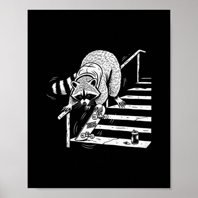 Waschbär Skateboardfahren auf Treppengeländer  Poster (Vorne)
