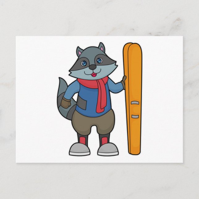 Waschbär Skifahrer Ski Postkarte (Vorderseite)
