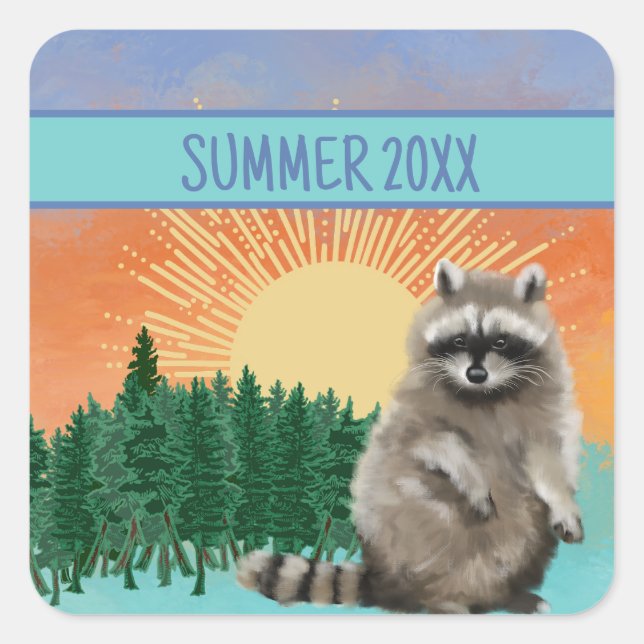 Waschbär Sommer Quadratischer Aufkleber (Vorderseite)
