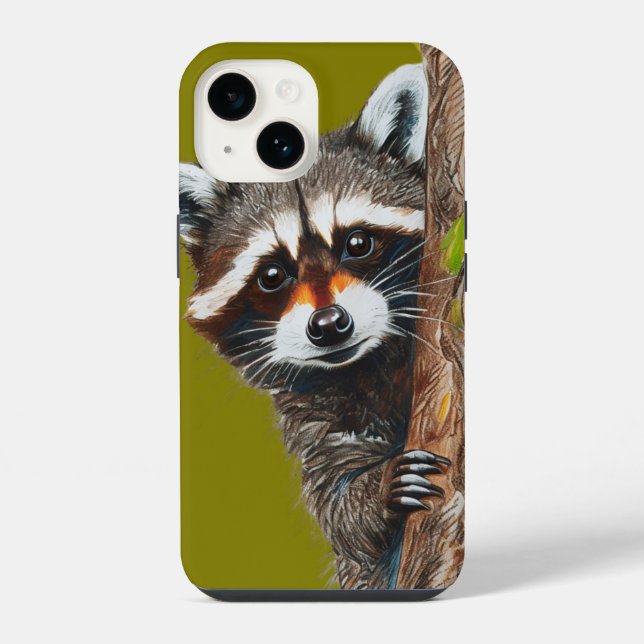 Waschbär starrt aus Baum iPhone 14 Hülle (Rückseite)