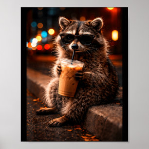 Waschbär trinkt eisgekühlten Kaffee lustiger Wasch Poster