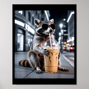 Waschbär trinkt eisgekühlten Kaffee lustiges Tier- Poster