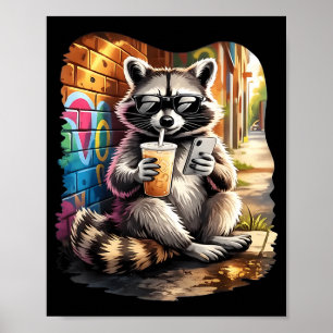 Waschbär trinkt eisgekühlten Kaffee lustiges Tier- Poster