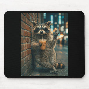 Waschbär trinkt eisgekühlten Kaffee Rock on Meme l Mousepad