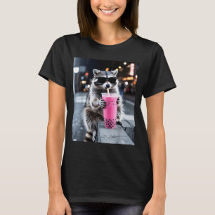 Waschbär trinkt eisgekühlten rosa Boba-Tee lustige T-Shirt