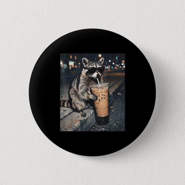 Waschbär trinkt Eiskaffee lustiger Tier-Meme Männe Button (Vorderseite)