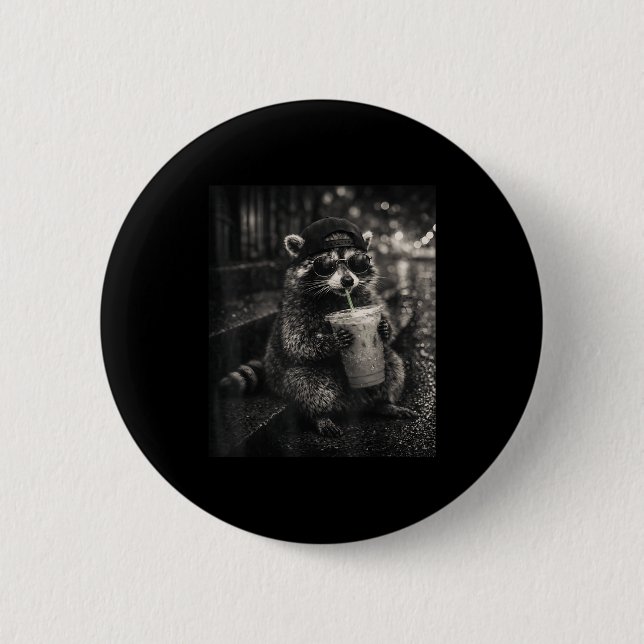 Waschbär trinkt Eiskaffee lustiger Tier-Meme Männe Button (Vorderseite)
