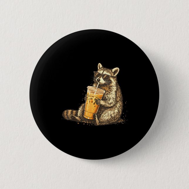 Waschbär trinkt Eiskaffee lustiger Tier-Meme Männe Button (Vorderseite)