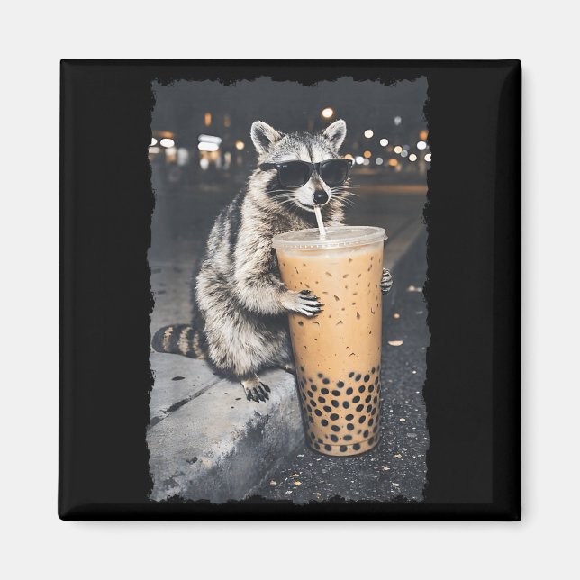 Waschbär trinkt Eiskaffee lustiger Tier-Meme Männe Magnet (Vorne)