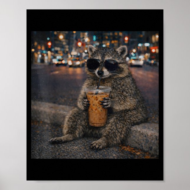 Waschbär trinkt Eiskaffee lustiger Tier-Meme Männe Poster (Vorne)