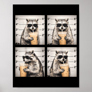 Waschbär trinkt Eiskaffee lustiges Mugshot-Tier Poster