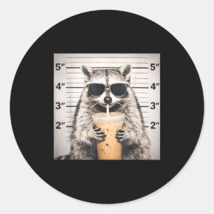 Waschbär trinkt Eiskaffee lustiges Mugshot-Tier Runder Aufkleber