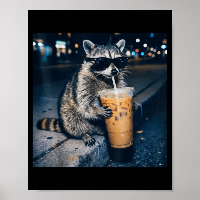 Waschbär trinkt Eiskaffee lustiges Tier Meme  Poster (Vorne)
