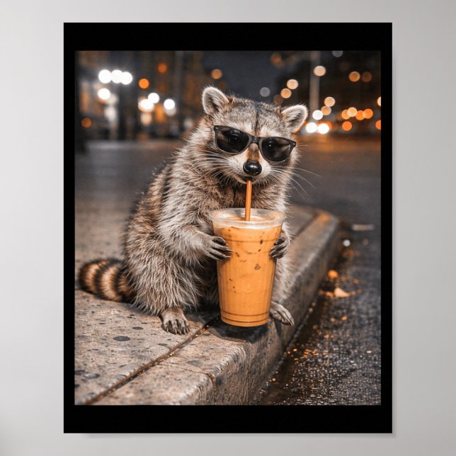 Waschbär trinkt Eiskaffee Meme lustiges Tier für Poster (Vorne)