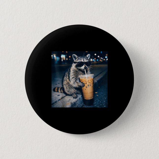 Waschbär trinkt kalten Kaffee lustiger Tier-Meme  Button (Vorderseite)