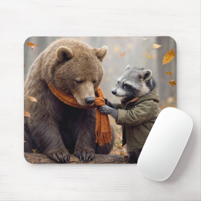 Waschbär und Bär im Herbstwald Mousepad (Mit Mouse)