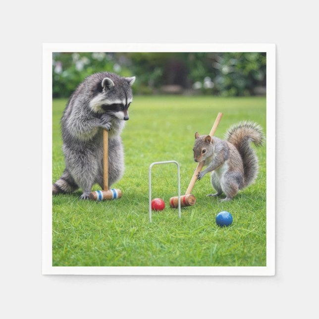 Waschbär und Eichhörnchen spielen Krocket Serviette (Vorderseite)