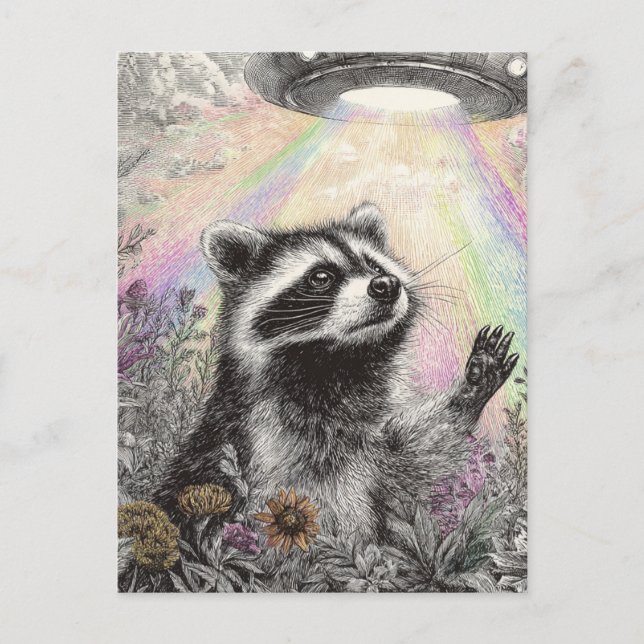Waschbär und ein UFO Postkarte (Vorderseite)