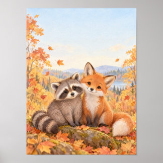 Waschbär und Fuchs im Herbstwald – Poster