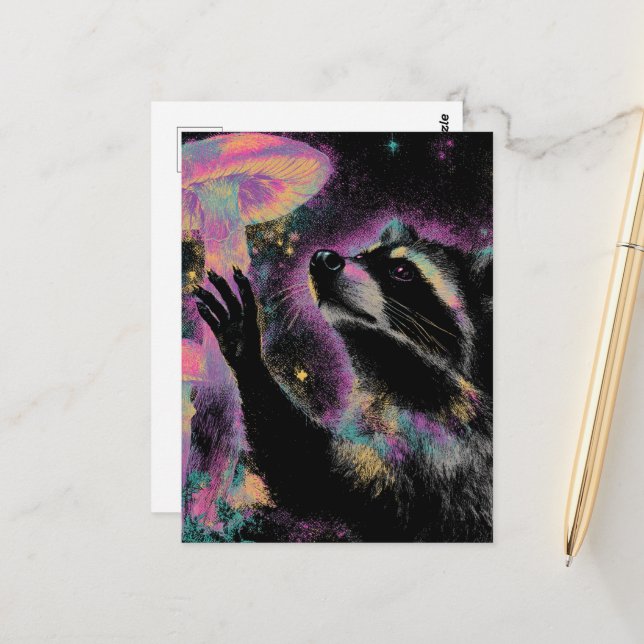 Waschbär und Pilz Postkarte (Vorderseite/Rückseite Beispiel)