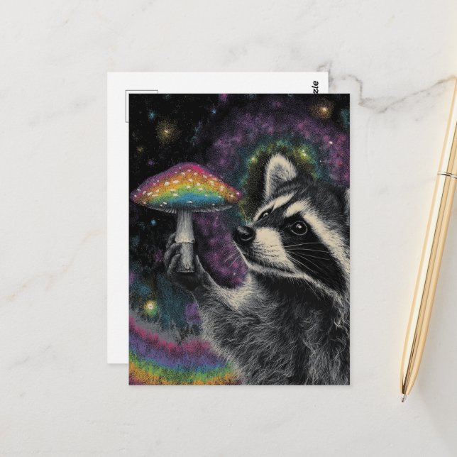 Waschbär und Regenbogenpilz Postkarte (Vorderseite/Rückseite Beispiel)