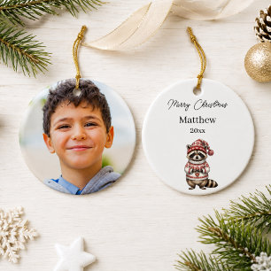 Waschbär-Weihnachtsfoto-Wasserfarbe-Name-Junge Keramik Ornament