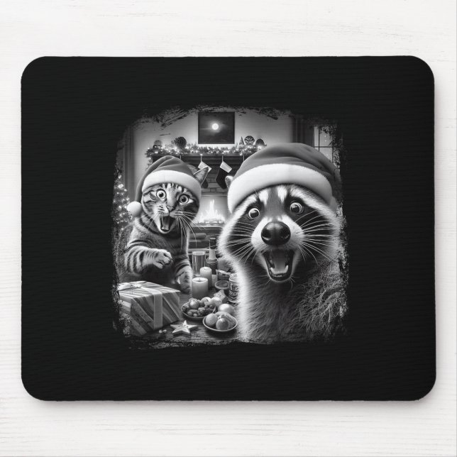 Waschbär Weihnachtsmann Lustige Katze macht Selfie Mousepad (Vorne)