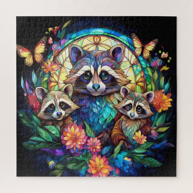 Waschbären in Buntglas Puzzle (Vertikal)
