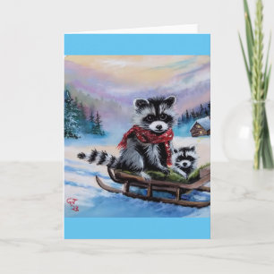 Waschbären-Schlittenfahren Winterlandschaft Leere Karte