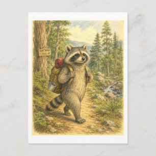 Waschbären-Wanderillustration Postkarte