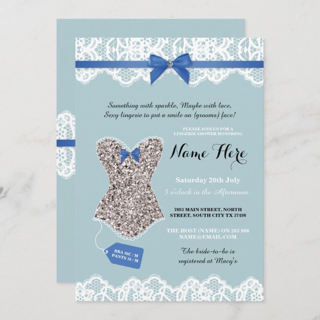 Wäsche-Duschen-bräutlicher silberner blauer Einladung (Vorne/Hinten)