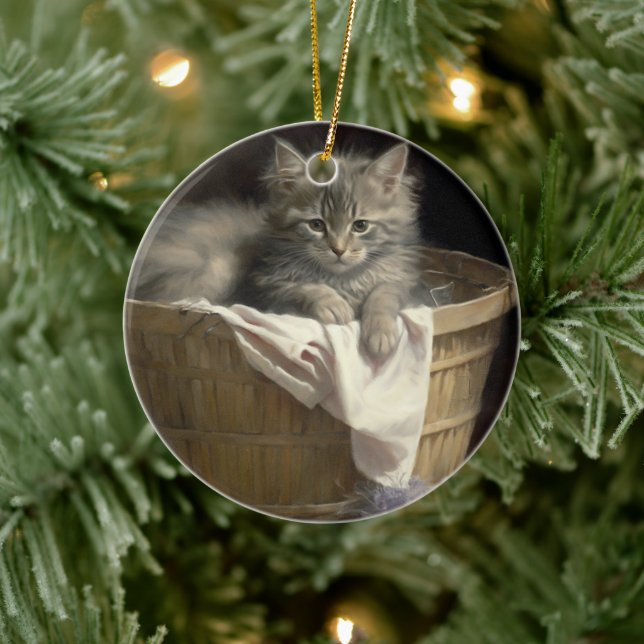 Wäsche- oder Spielzeit Grau-Kitten-Portrait Keramik Ornament (Baum)