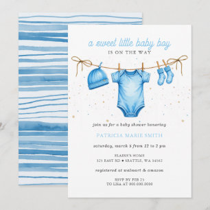 Wäscheleine Blaues Jungen-Baby-Shower Einladung