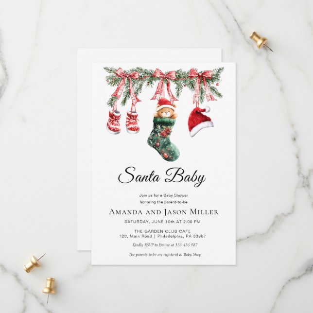 Wäscheleine Santa Baby Winter Baby-Party Save The Date (Vorderseite/Rückseite Beispiel)