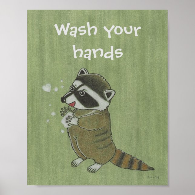 "Waschen Sie sich die Hände" Raccoon Animal Poster (Vorne)