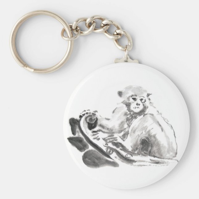 Wash Painting Monkey Year Zodiac Round Schlüsselan Schlüsselanhänger (Vorne)